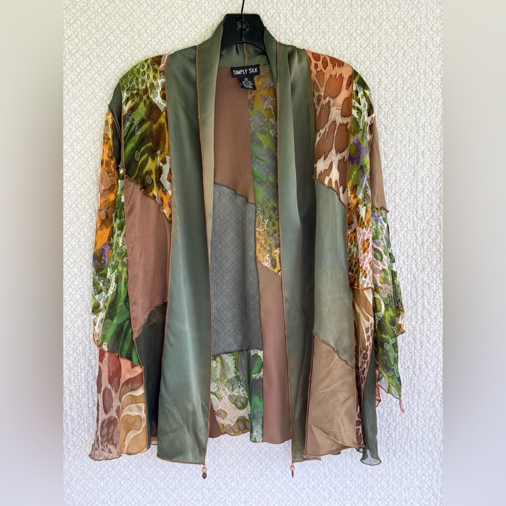 Simply Silk Womans Kimono Top Green Size S Geometric Art  Open Front patchwork